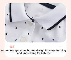 Detail of baby polo dress collar with button closure and black polka dot pattern