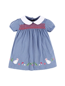 Girl's blue polka dot cotton dress with Peter Pan collar and embroidered hem bunnies