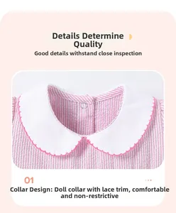 Détail de robe rayée rose avec col Claudine blanc et bordure en dentelle festonnée