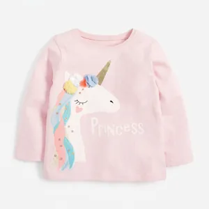 Maglietta a Maniche Lunghe per Bambina Con Unicorno in Cotone 100% Rosa Con Applique di Fiori 3D Princess Top Casual
