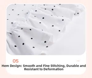 Detailed view of white ruffled hemline with black polka dots on cotton knit polo dress