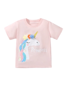 Pink cotton T-shirt for girls with a unicorn print and 3D floral details and Princess text