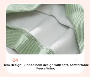 Detail of light green ribbed hem and thick white fleece lining for kids warm set