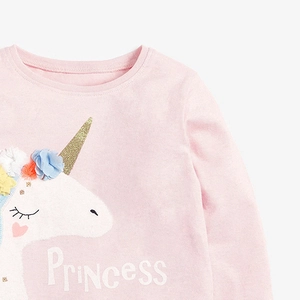 T-shirt rosa a maniche lunghe per bambine con unicorno glitterato e stampa princess
