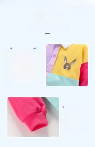 Detail of color-block polo dress with bunny embroidery and rib cuffs for girls