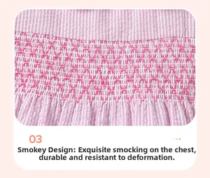 Détail de la robe à rayures roses et blanches avec broderie smockée sur la poitrine