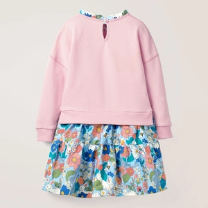Robe fille à manches longues avec haut rose et jupe à fleurs bleue vue de l'arrière