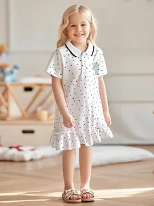 Girls Summer Short Sleeve Polo Dress White Polka Dot Unicorn Embroidery Ruffle Hem Cotton Knit Dress For Kids