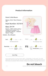 Detailed size chart for girl's cotton unicorn tee and shorts summer outfit set