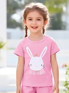 Girls Cotton Rabbit Embroidery Short Sleeve T-Shirt Cute Cartoon Bunny Crown Mesh Trim Summer Casual Kids Round Neck Top
