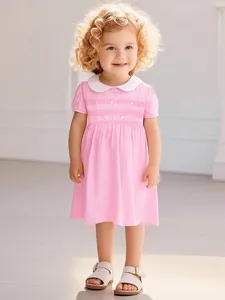 Vestito da Bambina in Cotone Punto Smock Colletto Peter Pan Manica Corta Ricamo Abito Principessa Linea A per Bambini Rosa