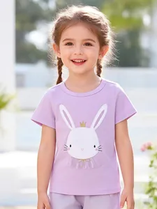 Girls' cotton summer t-shirt in light purple featuring a cartoon rabbit with mesh collar