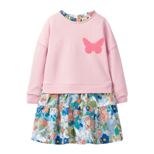Robe fille rose à manches longues avec papillon à paillettes et jupe à imprimé lapin