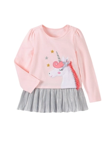 Robe rose à manches longues pour filles avec broderie licorne et jupe plissée argentée