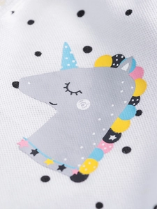 White knit polo dress for girls with black polka dots and gray cartoon unicorn print
