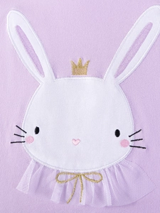 Girls' purple cotton T-shirt featuring a white cartoon bunny with a gold crown and mesh