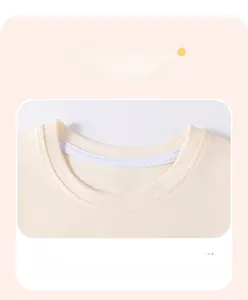 Close-up of cream ribbed neckline with reinforced stitching on cotton kids t-shirt