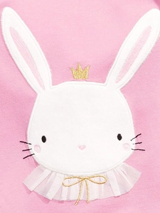 Pink cotton girls' t-shirt featuring a white rabbit applique with gold crown embroidery