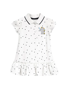 Girls white polka dot polo dress with unicorn embroidery and ruffled hemline