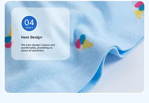 Detail view of the ice cream print and hem stitching on light blue knit polo dress