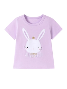 Girls cotton short sleeve t-shirt in lavender with cartoon rabbit and tulle collar detail