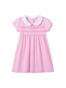 Abito rosa in cotone a maniche corte per bambine con colletto a punto smock e ricami