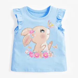 T-Shirt en Coton pour Filles Imprimé Lapin Dessin Animé Floral Volants aux Manches Col Rond Haut Décontracté Été