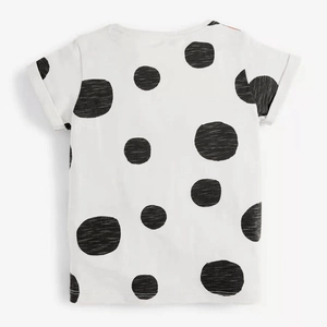 T-shirt per bambine in cotone bianco a pois neri, vista posteriore a maniche corte