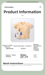 Détails du t-shirt en coton brodé licorne avec spécifications et tableau des tailles