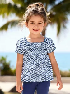 T-Shirt Fille en Coton à Fleurs Avec Détails Smockés et Volants Haut Décontracté d'Été Manches Bouffantes Col Rond