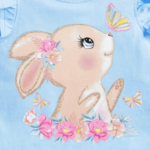 T-shirt en coton bleu clair pour fille avec motif lapin mignon et fleurs roses