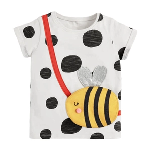 Maglietta in cotone bianco per bambine con pois neri e ricamo di ape gialla