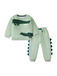 Children fleece long sleeve tracksuit set with cartoon crocodile print in light green