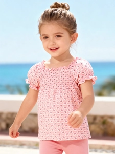 T-shirt fille en coton à fleurs roses avec détails smockés et manches volantées