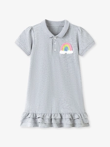Robe polo à manches courtes pour filles avec broderie arc-en-ciel et ourlet à volants en gris