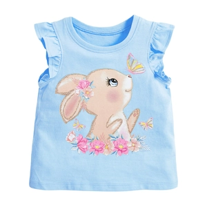 T-shirt fille bleu clair en coton avec motif lapin mignon et manches volantées