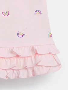 Robe princesse en coton rose pour fille avec imprimé arc-en-ciel et ourlet à volants