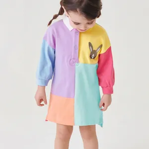 Girls Cotton Long Sleeve Patchwork Polo Dress Cartoon Rabbit Embroidery A-Line Color Block Casual Autumn Kids Clothes