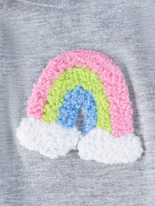 Robe fille en coton gris à manches courtes avec broderie arc-en-ciel en chenille