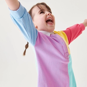 Colorful long sleeve patchwork polo dress for toddler girls in soft cotton fabric