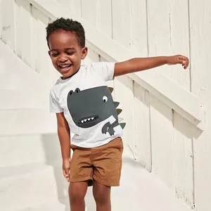 Toddler Boys Cotton Short Sleeve T-Shirt Fun Dinosaur Zipper Mouth Applique Summer Casual Graphic Tee White Round Neck Top