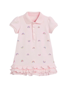 Robe polo fille en coton rose avec imprimés arc-en-ciel et ourlet à volants