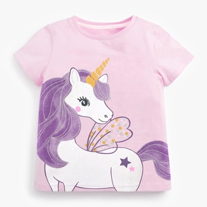 Pink cotton girls t-shirt featuring a cute unicorn print with purple mane and gold horn
