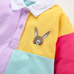 Cotton polo dress for girls featuring multi-color block panels and rabbit embroidery