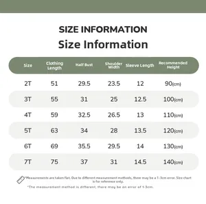 Size chart for girls short sleeve summer dress with height and age specifications