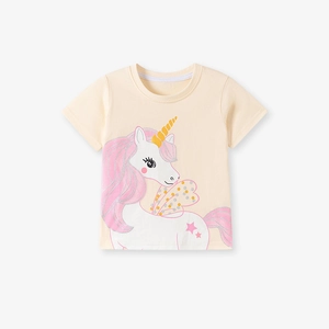 Little girl short sleeve cotton T-shirt featuring a pink unicorn cartoon on light yellow