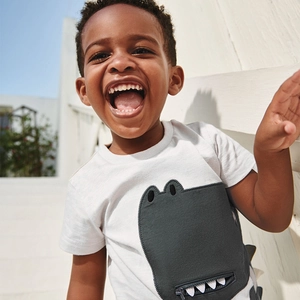 Short sleeve white cotton kids T-shirt with a gray crocodile zipper mouth design