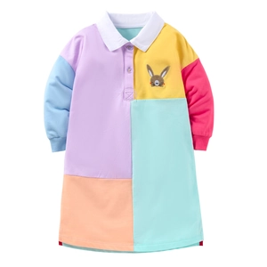 Girls long sleeve cotton polo dress with multi-color patchwork and rabbit embroidery
