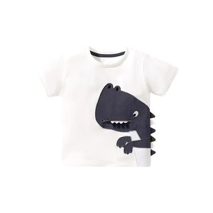 Kids short sleeve cotton T-shirt featuring a white base and fun zipper-mouth dinosaur patch