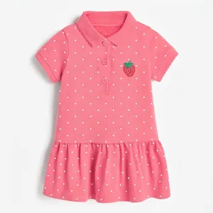 Pink polo collar dress for girls featuring white polka dots and strawberry embroidery